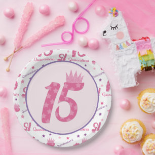 Quinceañera 15th Birthday Pink Purple Crown Paper Plate