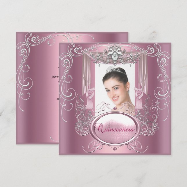 Quinceanera 15th Birthday Pink Silver Star Invitation (Front/Back)
