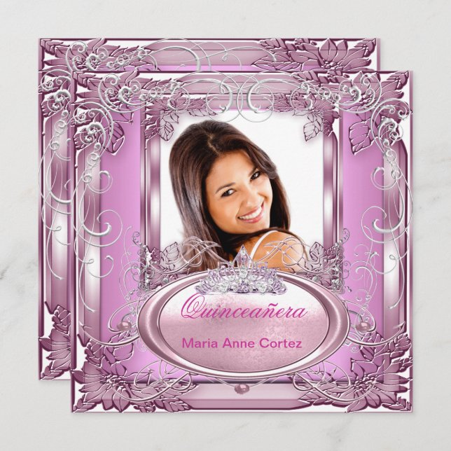 Quinceañera 15th Birthday Pink White Silver Tiara Invitation (Front/Back)