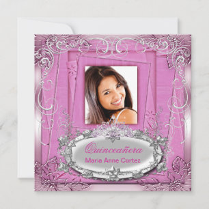 Quinceañera 15th Birthday Pink White Silver Tiara Invitation