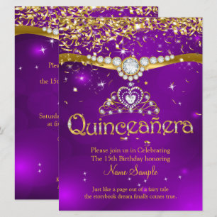 Quinceanera 15th Birthday Purple Confetti Gold Invitation