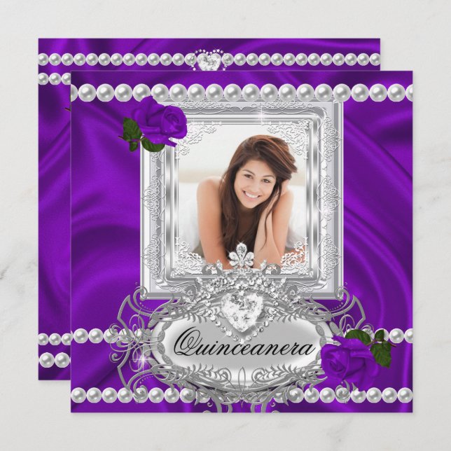 Quinceanera 15th Birthday Purple Rose White Invitation (Front/Back)