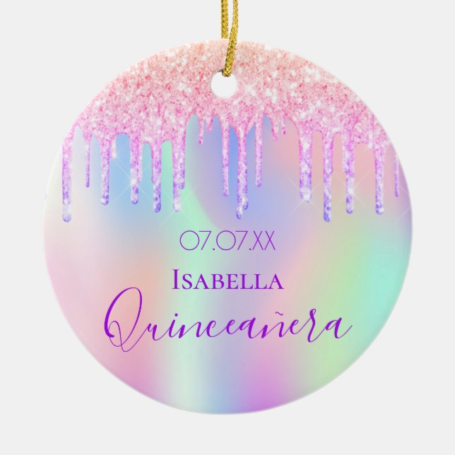Quinceanera 15th birthday rainbow glitter pink ceramic ornament (Front)