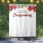 Quinceanera 15th Birthday Red Roses Photo Backdrop Tapestry<br><div class="desc">Personalised photo backdrop for your Quinceanera reception party. The gorgeous red roses with sun kissed leaves provide an elegant background for your keepsake photographs. This watercolor floral design sits at top of the wall hanging, framing your name and the date of your celebration. Quinceañera is lettered in ornate calligraphy in...</div>