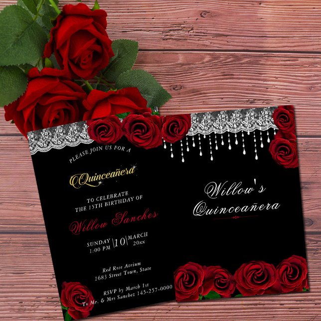 Quinceanera 15th Birthday Red Roses White Lace Invitation (Red Roses Quinceanera Invitation)