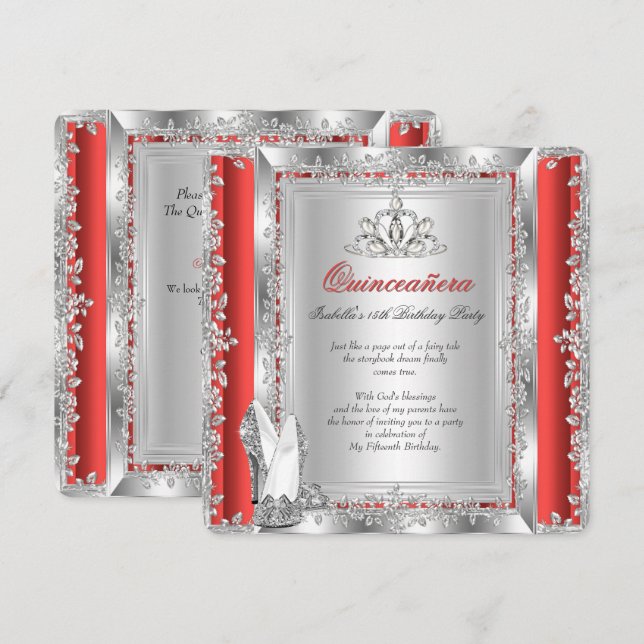 Quinceanera 15th Birthday Red Silver Shoes Invitation (Front/Back)