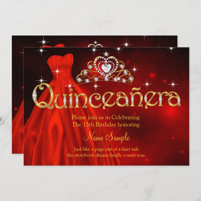 Quinceanera 15th Birthday Regal Red Dress Tiara Invitation (Front/Back)