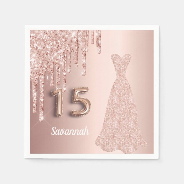 Quinceanera 15th birthday rose gold glitter drips napkin (Front)