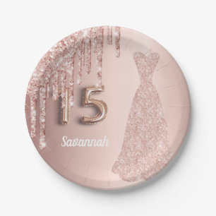 Quinceanera 15th birthday rose gold glitter pink paper plate