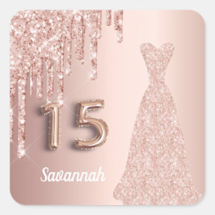 Quinceanera 15th birthday rose gold glitter pink square sticker