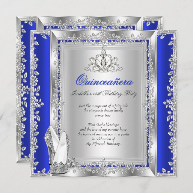 Quinceanera 15th Birthday Royal Blue Silver Shoes Invitation (Front/Back)