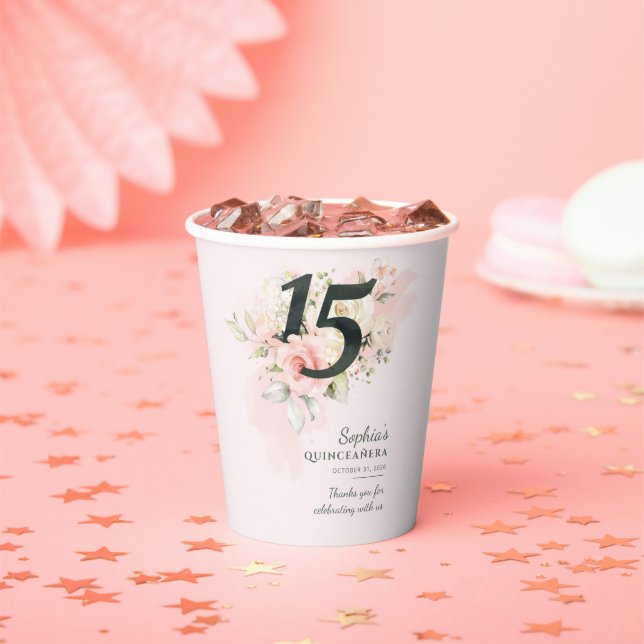 Quinceanera 15th Birthday Rustic Floral Custom Paper Cups (Insitu)