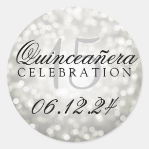 Quinceanera 15th Birthday Silver Bokeh Lights Classic Round Sticker