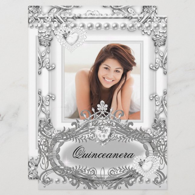 Quinceanera 15th Birthday Silver White Invitation (Front/Back)