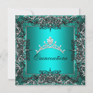 Quinceanera 15th Birthday Teal Blue Black Lace Invitation