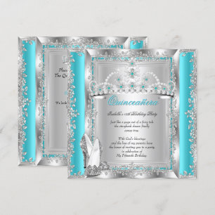 Quinceanera 15th Birthday Teal Blue Silver Tiara a Invitation
