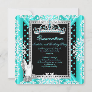 Quinceanera 15th Birthday Teal Blue Spots Black Invitation