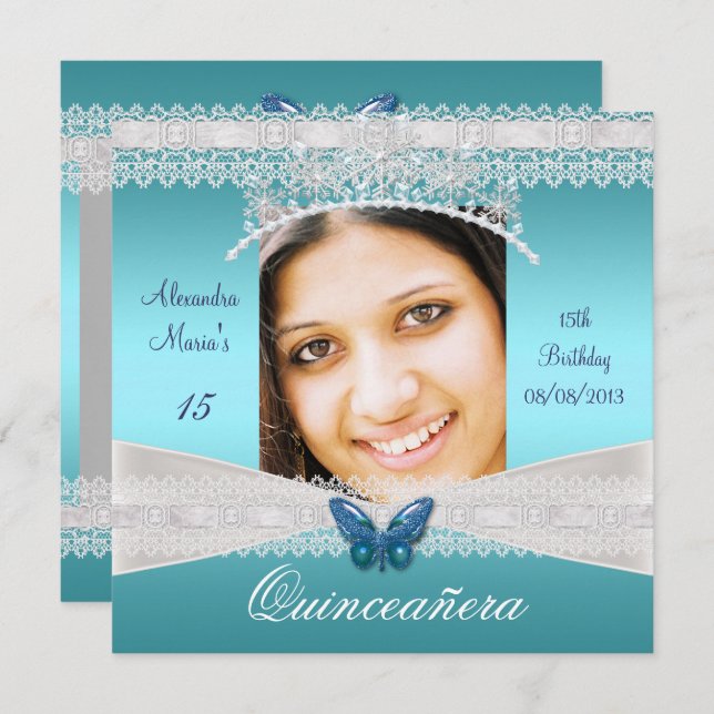 Quinceañera 15th Birthday Teal White Lace Photo Invitation (Front/Back)
