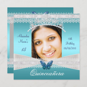 Quinceañera 15th Birthday Teal White Lace Photo Invitation
