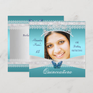 Quinceañera 15th Birthday Teal White Lace Photo Invitation