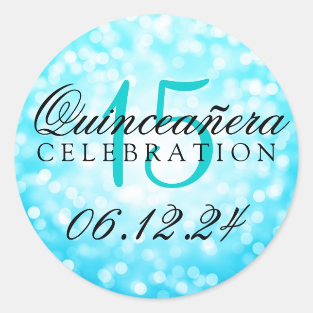 Quinceanera 15th Birthday Turquoise Bokeh Lights Classic Round Sticker (Front)