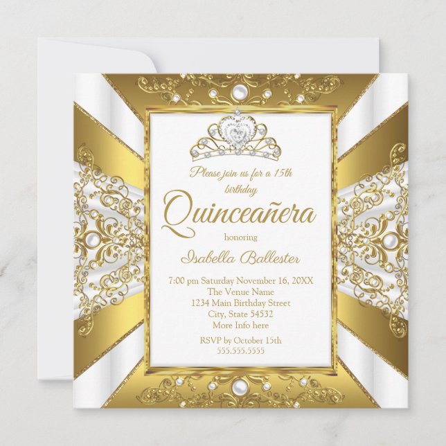 Quinceanera 15th Birthday White Gold Pearl Tiara Invitation (Front)