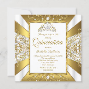 Quinceanera 15th Birthday White Gold Pearl Tiara Invitation