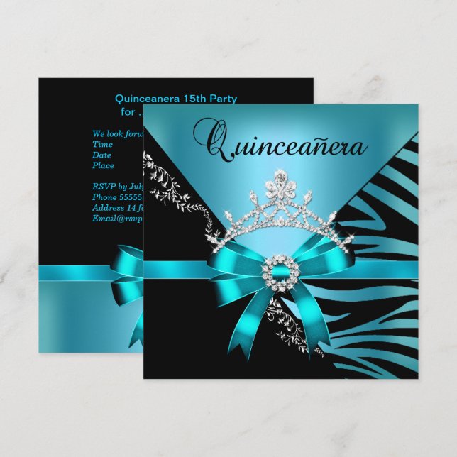 Quinceanera 15th Birthday Zebra Blue Black Tiara Invitation (Front/Back)