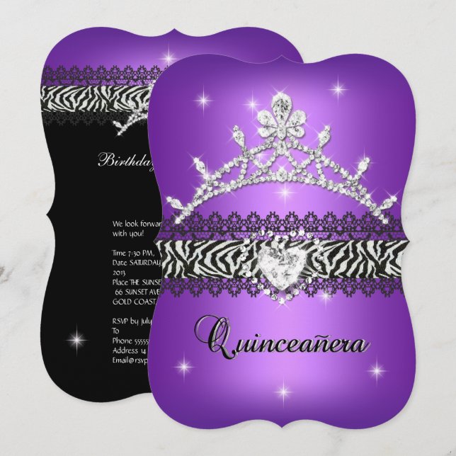 Quinceanera 15th Birthday Zebra Purple Black 2 Invitation (Front/Back)
