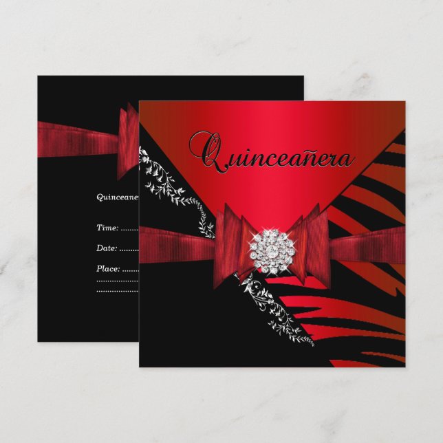 Quinceanera 15th Birthday Zebra Red Black SStripe Invitation (Front/Back)