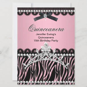 Quinceanera 15th Black Pink Zebra Tiara Invitation