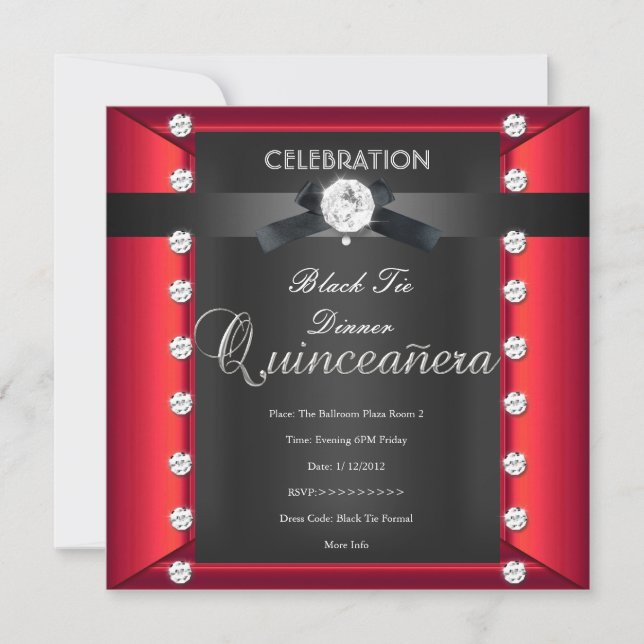 Quinceanera 15th Black Tie Black White Red Invitation (Front)