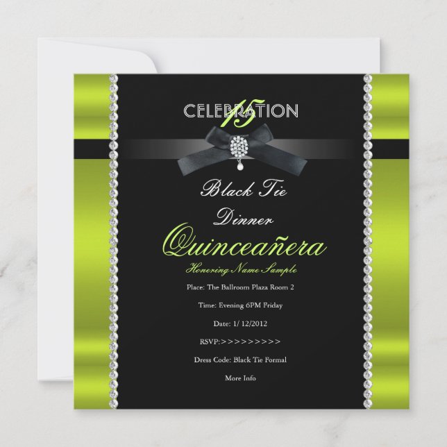 Quinceanera 15th Black Tie Lime Green Black Party Invitation (Front)