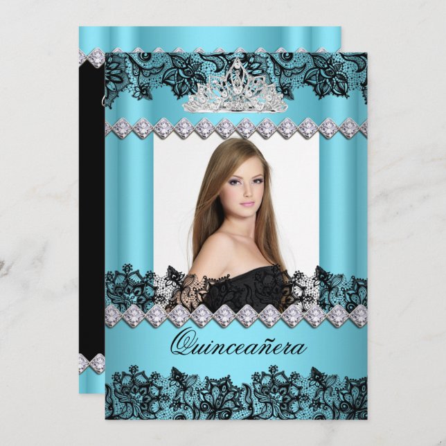 Quinceanera 15th Blue Black White Lace Photo Invitation (Front/Back)