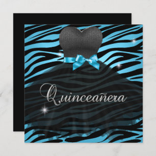 Quinceanera 15th Blue Black Zebra Dress Invitation