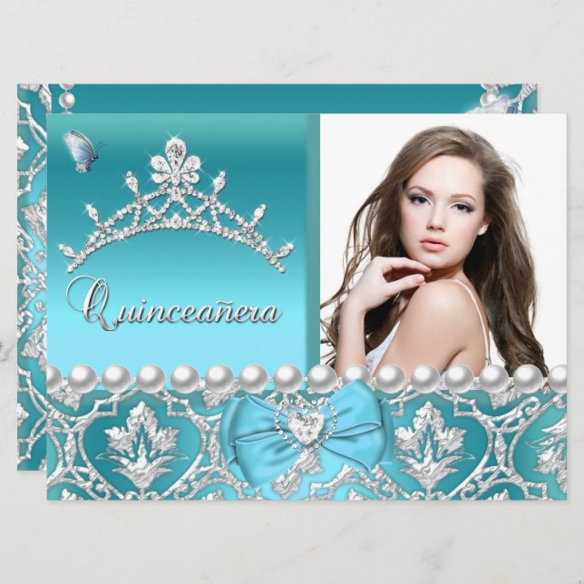 Quinceanera 15th Blue Damask Butterfly Add Photo Invitation (Front/Back)