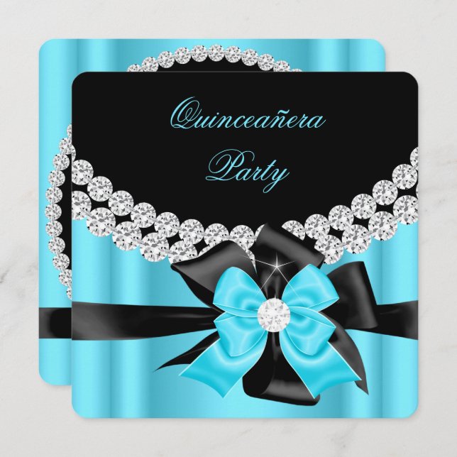 Quinceanera 15th Blue Silver Black Bow Diamonds 2 Invitation (Front/Back)