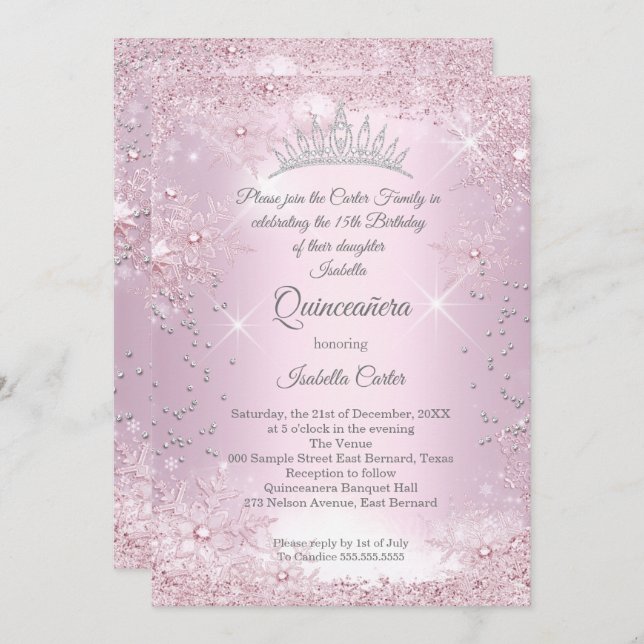 Quinceanera 15th Blush Pink Snowflake Winter Invitation (Front/Back)