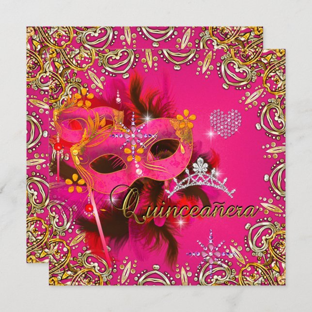 Quinceanera 15th Coral Pink Masquerade Party Gold Invitation (Front/Back)