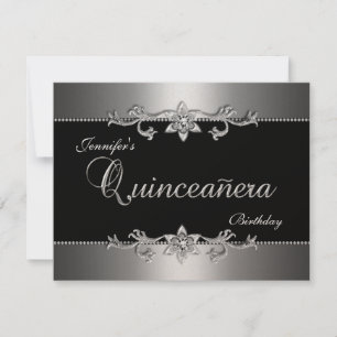 Quinceanera 15th Elegant Black Silver Jewel Party Invitation