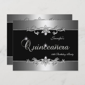Quinceanera 15th Elegant Black Silver Jewel Party Invitation