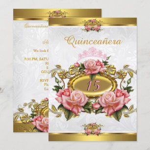 Quinceanera 15th Elegant Pink Gold Roses White Invitation