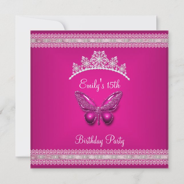 Quinceanera 15th Fushia Pink Tiara Butterfly Invitation (Front)