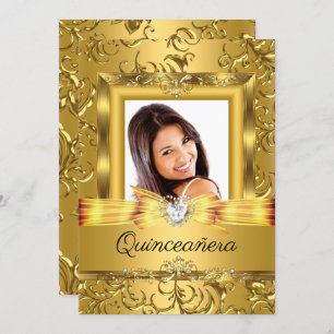 Quinceanera 15th Gold Damask Photo Pearl Invitation