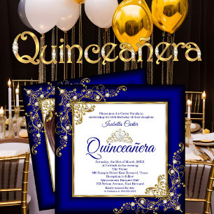 Quinceanera 15th Gold Royal Blue Pearl Tiara Photo Invitation