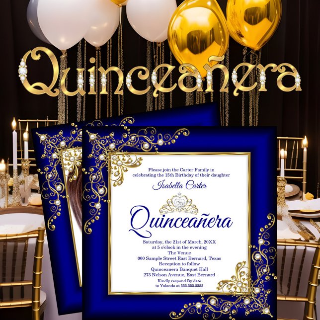 Quinceanera 15th Gold Royal Blue Pearl Tiara Photo Invitation (Creator Uploaded)