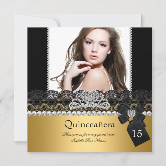 Quinceanera 15th Gold Silver Photo Black Lace Invitation (Front)