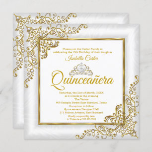 Quinceanera 15th Gold White Pearl Tiara Photo Invitation