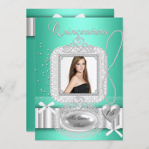 Quinceanera 15th Green Lace Pearl Photo Invitation
