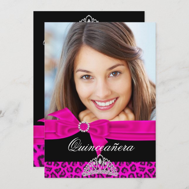 Quinceanera 15th Hot Pink Black Leopard Photo Invitation (Front/Back)